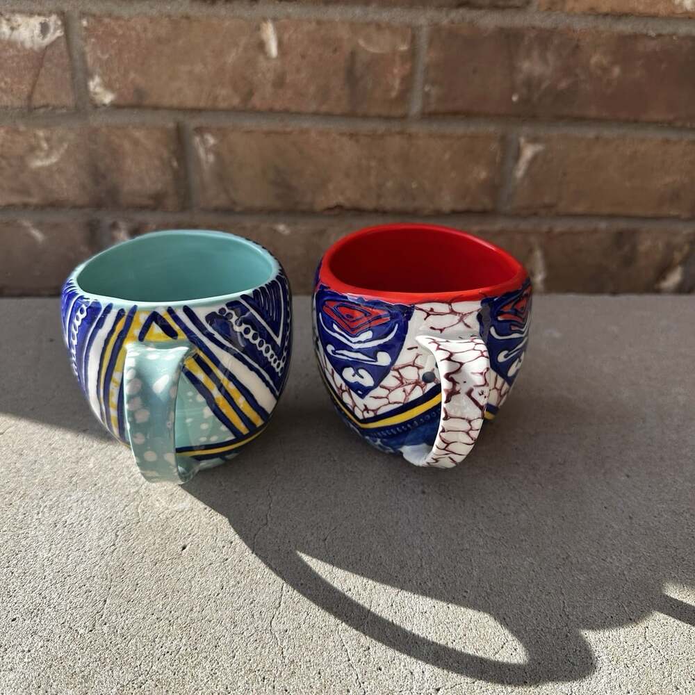 Anthropologie Habari Aztec Printed Ceramic Glossy Coffee Mug Set/2 Blue Orange - Picture 4 of 9